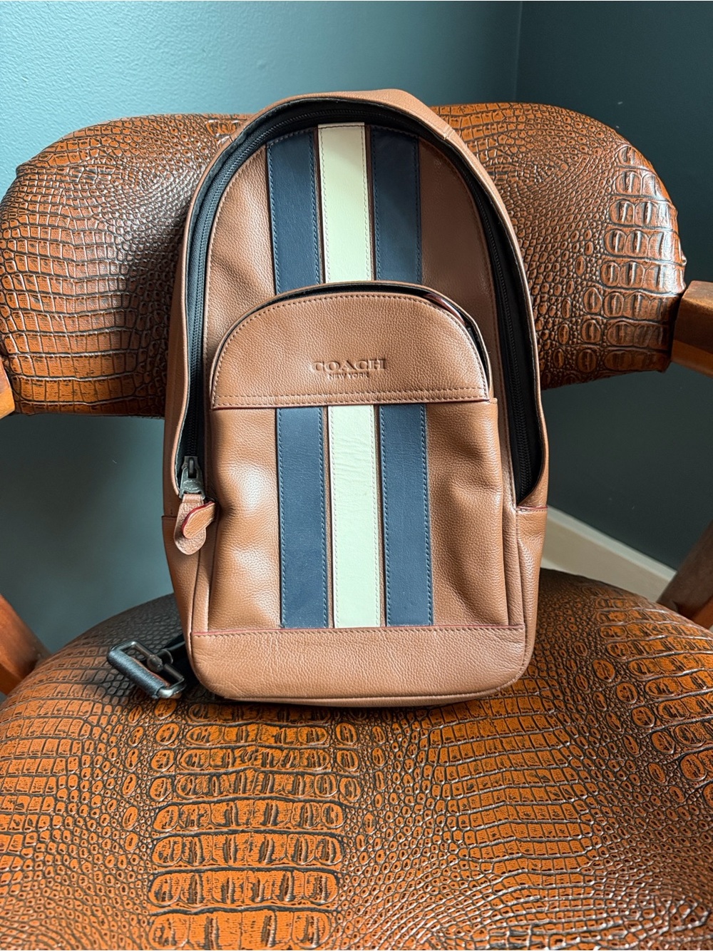 Coach Brown Leather Sling Backpack with Navy & Cream Stripes